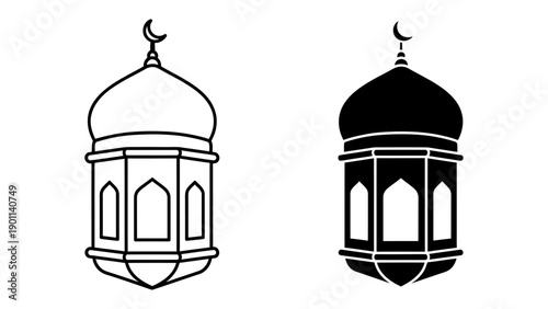 Set of traditional Islamic Ramadan lanterns in line art and solid silhouette styles featuring a crescent moon topper and arched window details for religious holiday decorations and cards.