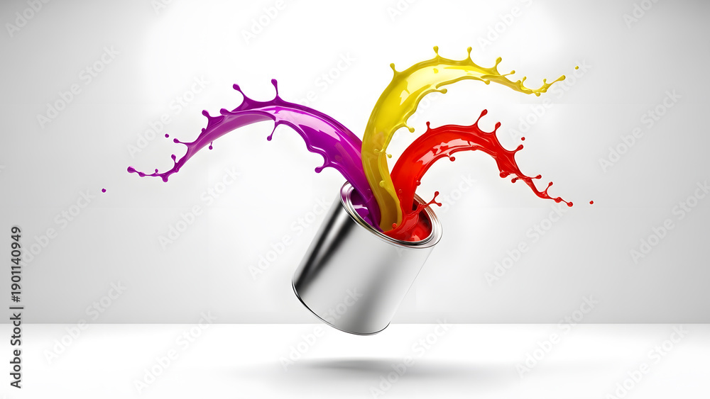 Obraz premium Dynamic CMYK paint splash explosion from metal can | Vibrant red, yellow, and magenta liquid splashing on white background | 3D rendering of creative color burst and fluid motion art 
