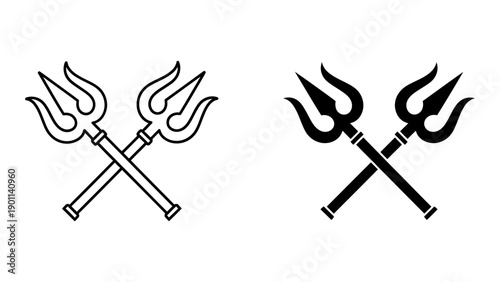 Crossed Trishula Trident Icons Representing Power and Divinity in Outline and Solid Silhouette Styles for Graphic Design and Religious Symbolism Minimalist Black and White Vector Art