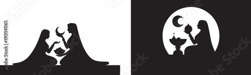 Romantic Couple Silhouette Under Moon Illustration