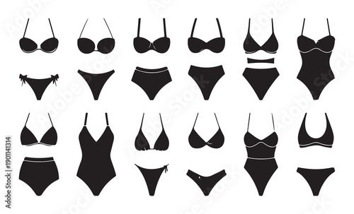 Assortment of black bikini tops bottoms and one-piece swimsuits in various contemporary styles shown on white