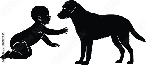 Black silhouette of a crawling baby reaching out to a friendly domestic dog for family lifestyle concepts childhood friendship and pet companionship designs,