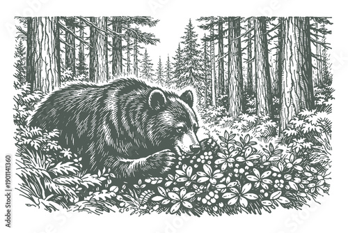 Large Wild Bear Foraging for Berries in a Dense Pine Forest with Detailed Foliage and Trees Hand Drawn Engraving Style Black and White Vector Illustration