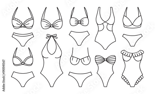 Bikini and swimsuit line icons with decorative details like ruffles and bows for female beachwear collection