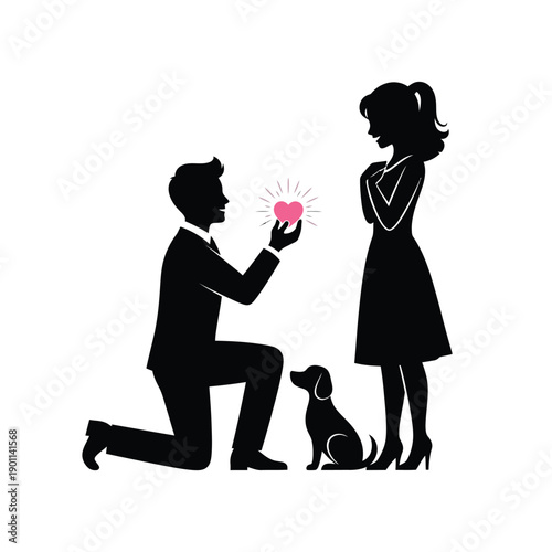 Romantic silhouette of a man proposing marriage to a woman with a glowing heart, symbolizing love and commitment, as their pet dog observes the special moment