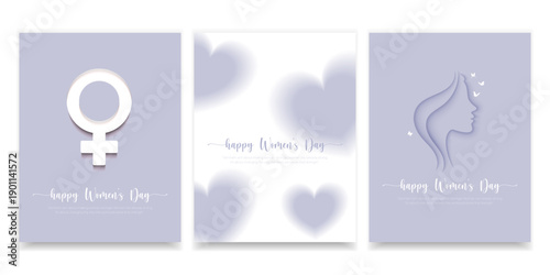 Happy Women’s Day Minimal Poster Set with Feminine Symbols, Women Empowerment Illustration Set for March 8, vector illustration.