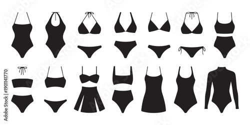 Set of bikini and swimsuit icons isolated on white background depicting various styles and designs