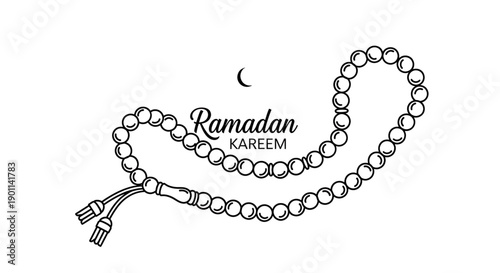 A minimalist vector graphic of a rosary with Ramadan Kareem text and a crescent moon Ramadan