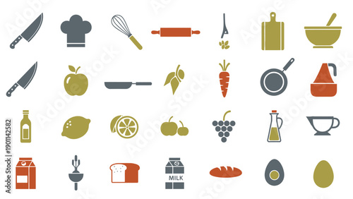 Colorful Kitchen Tools and Fresh Food Icons Collection on a Light Gray Background