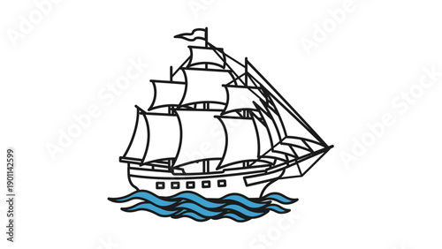 Classic Sailing Ship Nautical Vessel Illustration on Isolated White Background