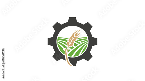 Agricultural Field with Wheat Stalks inside a Gear Icon Symbolizing Farming Industry on an Isolated White Background