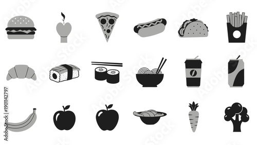 Collection of Diverse Food and Drink Icons in Greyscale, featuring Fast Food, Healthy Options, and Beverages on an Isolated White Background