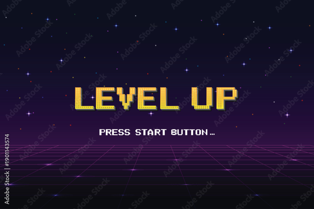 Obraz premium LEVEL UP. pixel art 8-bit. Retro Futurism Sci-Fi Background. glowing neon grid. and stars from vintage arcade computer games