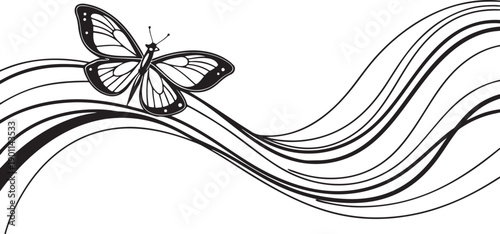 Elegant black and white illustration of a butterfly on flowing waves, isolated on a white background. isolated  white  background