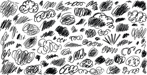 Black ink scribbles and cloud shapes on white background abstract