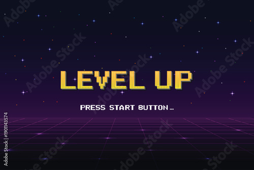 LEVEL UP. pixel art 8-bit. Retro Futurism Sci-Fi Background. glowing neon grid. and stars from vintage arcade computer games