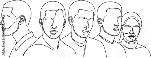 Five black and white line of people with different hairstyles and head coverings line black and white