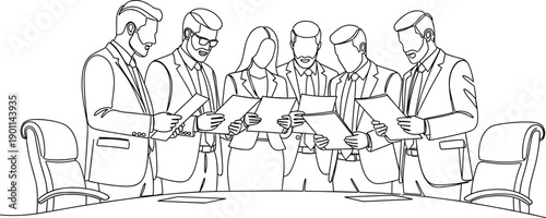 Group of people in business attire reviewing documents around a table