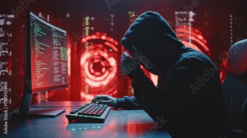 A shadowy figure in a hooded sweatshirt types on a keyboard in a dark room illuminated by a computer screen and red neon lights.