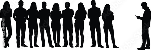 Group of Silhouetted People Standing in Line with One Person Using a Smartphone