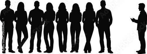 Group of Silhouetted People Standing and One Person Gesturing to the Side silhouettes black