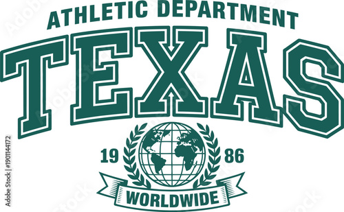 Texas Athletic Department Varsity Design with Green Collegiate Typography and Worldwide Globe Emblem for Sports Apparel and Team Branding