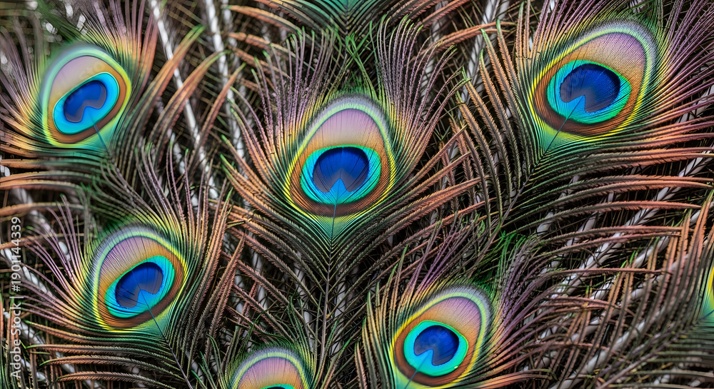 Obraz premium Peacock Prism: Iridescent Plumage Iris of the Peacock: Rainbow Feathers Jewel-Tinted Plume Portrait Iris Eye Feathers in Glimmer Spectrum Crown of the Peacock Iridescent Bird Wardrobe: Peacock Feather