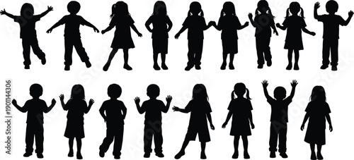 Silhouettes of children in various poses on white background kids black