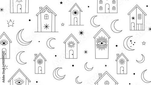 Seamless pattern featuring mystical houses with sun and eye motifs, crescent moons, and stars, creating an enchanting celestial and bohemian design.