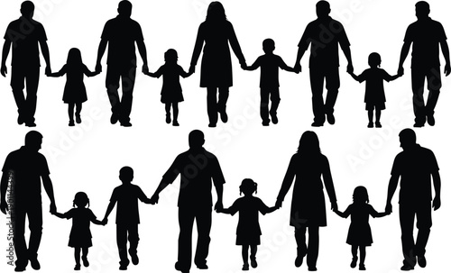 Silhouettes of families holding hands in a line on a white background