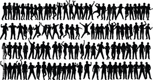 Silhouettes of people dancing and celebrating in various energetic poses on a white background