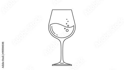 Elegant line art illustration of a wine glass with a splash of liquid and effervescent bubbles, conveying sophistication and celebration.