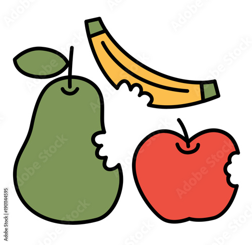 An icon cartoon character of bitten fruit