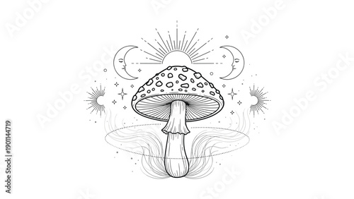 Detailed line art illustration of a mystical mushroom surrounded by sun rays, crescent moons, and stars, exuding an enchanting bohemian and witchy aura.