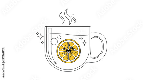 Hand-drawn outline illustration of a steaming hot tea in a mug with a cheerful, smiling orange slice inside, evoking a cozy and joyful mood.