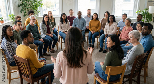 A female facilitator gestures while addressing a large, diverse group of adults seated in a circle during a support group meeting or therapy session.