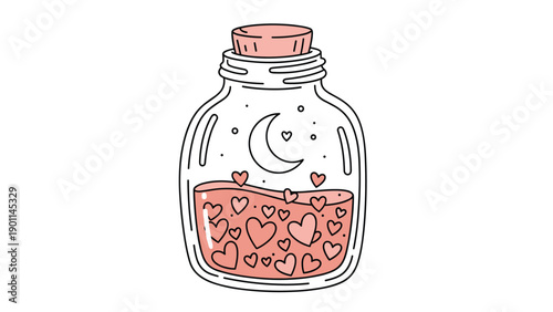Mystical line art illustration of a potion bottle filled with hearts and a crescent moon, symbolizing love, magic, and enchanting elixirs.