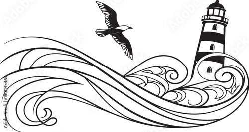 Stylized line art of a lighthouse guiding through stormy seas with a seagull, isolated on white. isolated  white  background