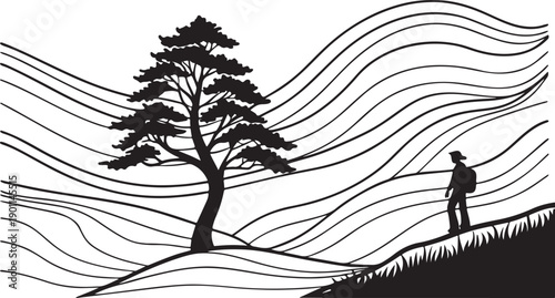 Silhouette of a lone hiker on a scenic hillside with trees and flowing waves, vector art on white. isolated  white  background