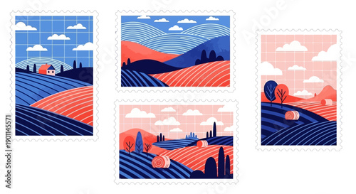 A collection of four stylized postage stamps depicting vibrant rural landscapes with rolling hills, farms, and stylized clouds.