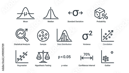 Set of 14 Professional Statistics and Data Analysis Line Icons Featuring Mean, Median, Standard Deviation, Probability, Statistical Analysis, Sample, Data Distribution, Variance, and Correlation