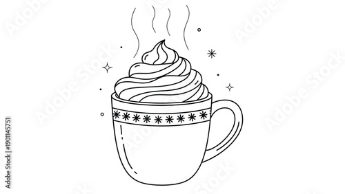 Cozy line art illustration of a steaming mug filled with fluffy whipped cream and adorned with decorative stars, evoking warmth and comfort.