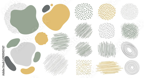 A collection of abstract organic shapes and textured patterns in muted earthy tones, suitable for graphic design elements.