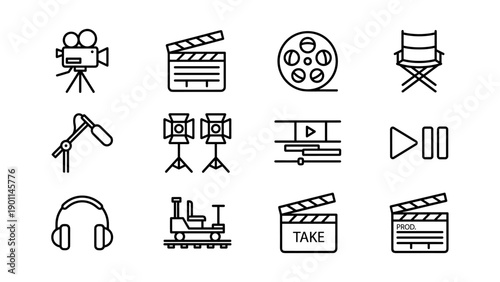 Professional set of 12 minimalist video production and filmmaking line icons including camera, clapperboard, film reel, director chair, microphone, studio lights, editing timeline, and dolly.
