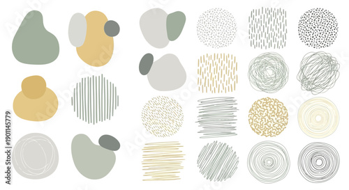 A collection of abstract organic shapes and textured patterns in muted pastel colors, arranged in a grid.