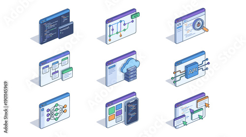 Isometric Vector Icon Set for Software Development and Programming Featuring Code Editor, API Integration, Cloud Computing, Neural Network AI, Mobile App Design, UI UX, and Debugging Tools.