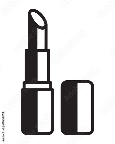 Black lipstick silhouette open tube with cap vector illustration.Black silhouette icon of open lipstick with extended bullet and separate cap, minimalist beauty vector illustration