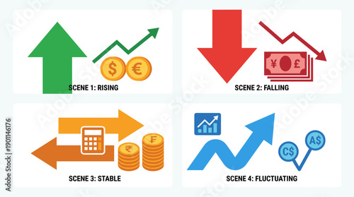 Vector Set of Four Scenes Illustrating Global Currency Exchange Rate Trends with Rising, Falling, Stable, and Fluctuating Arrows, Featuring Dollar, Euro, Yen, Pound, and Other Money Icons.