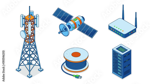 Isometric vector set of telecommunication equipment featuring a cell tower, satellite, Wi-Fi router, fiber optic cable spool, and server rack for network connectivity and internet infrastructure.