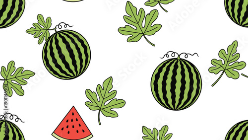 Lively seamless pattern featuring whole watermelons, juicy slices, and green leaves, depicting a refreshing summer fruit theme.
